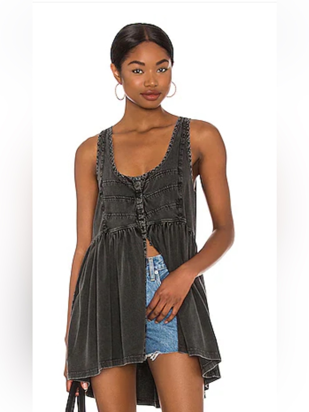 Free People Brooke Washed Black Button-Front Sleeveless Tunic